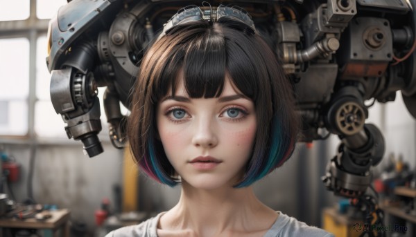 1girl,solo,looking at viewer,short hair,bangs,blue eyes,brown hair,shirt,black hair,collarbone,white shirt,multicolored hair,parted lips,indoors,blunt bangs,mole,blurry,lips,grey eyes,mole under eye,window,depth of field,blurry background,bob cut,robot,goggles,portrait,mecha,freckles,science fiction,goggles on head,realistic,nose,closed mouth,blue hair,upper body,artist name,eyelashes,expressionless