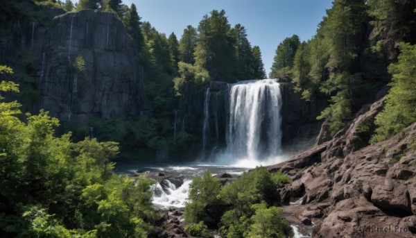 outdoors,sky,day,water,tree,blue sky,no humans,nature,scenery,forest,rock,river,waterfall,landscape,cliff,moss