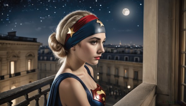 1girl,solo,breasts,blonde hair,cleavage,bare shoulders,brown eyes,medium breasts,collarbone,upper body,hairband,outdoors,sky,hair bun,star (symbol),from side,lips,makeup,night,headband,moon,single hair bun,building,star (sky),night sky,full moon,starry sky,realistic,nose,railing,superhero,balcony,blue eyes,cape,eyelashes,window,profile,lipstick,backlighting,cityscape,moonlight