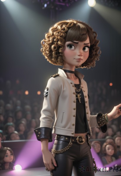 1girl,solo,looking at viewer,smile,short hair,brown hair,shirt,jewelry,closed mouth,standing,collarbone,jacket,cowboy shot,open clothes,solo focus,choker,midriff,belt,pants,necklace,nail polish,blurry,flat chest,bracelet,open jacket,lips,looking to the side,grey eyes,black shirt,makeup,blurry background,chain,black choker,black pants,ring,white jacket,denim,freckles,curly hair,jeans,realistic,nose,petite,midriff peek,badge,crowd,stage lights,afro,studded bracelet,brown eyes,stage