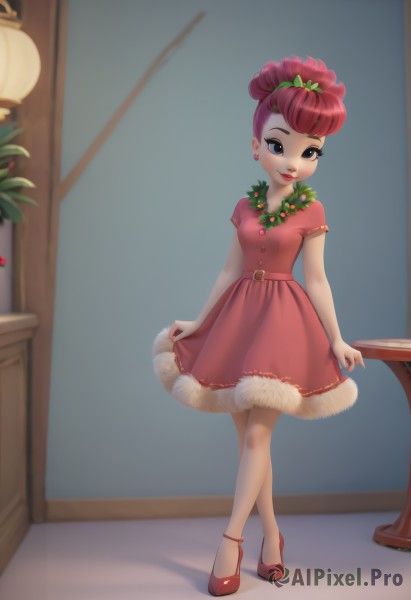 1girl,solo,breasts,looking at viewer,smile,short hair,blue eyes,hair ornament,dress,jewelry,closed mouth,standing,full body,pink hair,short sleeves,red hair,earrings,shoes,belt,artist name,indoors,necklace,high heels,fur trim,makeup,red dress,crossed legs,plant,lipstick,red footwear,christmas,skirt hold,lamp,watson cross,curtsey,blush,small breasts,hair bun,lips,eyelashes,shadow,single hair bun,pink dress,personification,anklet,red lips,potted plant