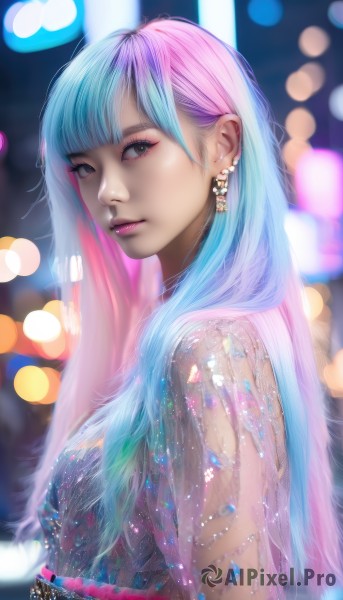 1girl,solo,long hair,breasts,looking at viewer,bangs,dress,jewelry,closed mouth,blue hair,upper body,pink hair,multicolored hair,earrings,blunt bangs,blurry,black eyes,from side,two-tone hair,lips,see-through,looking to the side,eyelashes,aqua hair,gradient hair,makeup,depth of field,blurry background,piercing,eyeshadow,realistic,nose,bokeh,mascara,medium breasts,parted lips,artist name,signature,watermark,lipstick,web address,pink lips,eyeliner