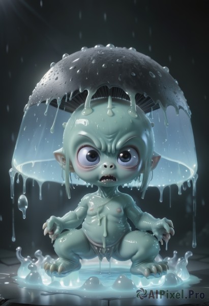 solo,looking at viewer,open mouth,blue eyes,1boy,navel,nipples,full body,male focus,nude,penis,teeth,pointy ears,artist name,signature,colored skin,umbrella,squatting,testicles,pectorals,sharp teeth,rain,holding umbrella,blue skin,shota,dripping,monster boy,puddle,flaccid,small penis,fewer digits,monster girl,claws,plump,belly,green skin