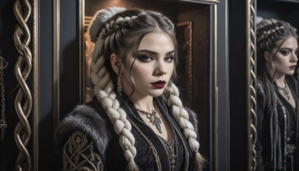 1girl,solo,long hair,breasts,looking at viewer,brown hair,brown eyes,jewelry,closed mouth,upper body,braid,white hair,grey hair,multicolored hair,earrings,necklace,hair bun,black dress,twin braids,two-tone hair,lips,streaked hair,grey eyes,fur trim,makeup,lipstick,eyeshadow,reflection,mirror,red lips,mascara,multiple braids,cleavage,medium breasts,artist name,coat,forehead,black coat,realistic