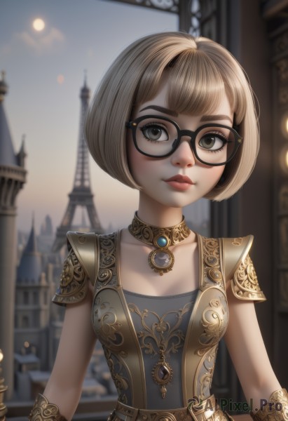 1girl,solo,breasts,looking at viewer,short hair,bangs,blonde hair,brown hair,dress,jewelry,closed mouth,collarbone,upper body,small breasts,outdoors,sky,glasses,sleeveless,choker,day,belt,artist name,necklace,armor,blurry,black eyes,lips,looking to the side,grey eyes,eyelashes,makeup,depth of field,blurry background,bob cut,shoulder armor,gem,black-framed eyewear,pauldrons,gold trim,breastplate,nose,sun,bracer,steampunk,medium breasts,blunt bangs,watermark,web address,red lips,architecture