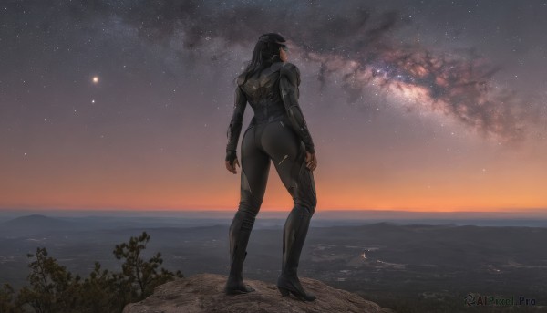 1girl,solo,long hair,black hair,gloves,standing,full body,ponytail,ass,boots,outdoors,sky,fingerless gloves,from behind,tree,bodysuit,night,star (sky),night sky,skin tight,starry sky,science fiction,sunset,black bodysuit,breasts,ocean,scenery,arms at sides,horizon