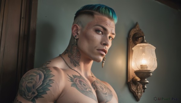 solo,looking at viewer,short hair,blue eyes,black hair,1boy,jewelry,blue hair,upper body,male focus,multicolored hair,earrings,green hair,indoors,necklace,lips,tattoo,facial hair,piercing,freckles,topless male,lantern,realistic,nose,arm tattoo,very short hair,shoulder tattoo,undercut,neck tattoo,mole,mole under eye,muscular,pectorals,muscular male,ear piercing,portrait,bara,light,lamp,facial tattoo