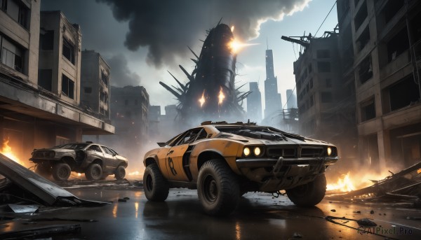 HQ,outdoors,sky,day,cloud,no humans,fire,ground vehicle,building,scenery,motor vehicle,smoke,city,car,road,explosion,ruins,vehicle focus,damaged,firing,skyscraper,debris,burning,destruction,sports car,truck,tire,water,cloudy sky,reflection,puddle