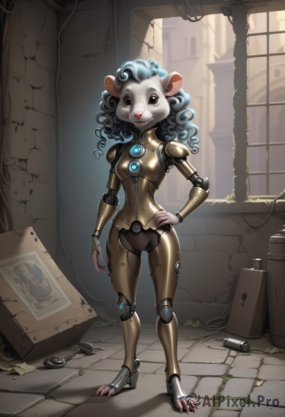 1girl,solo,looking at viewer,smile,animal ears,blue hair,standing,full body,lips,hand on hip,robot,claws,furry,science fiction,curly hair,mouse ears,furry female,android,joints,cable,cyborg,mouse,robot joints,digitigrade,long hair,black hair,black eyes,window,box,doll joints,mechanical legs,screw