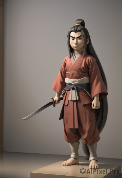 solo,long hair,looking at viewer,black hair,long sleeves,1boy,holding,very long hair,closed mouth,standing,full body,ponytail,weapon,male focus,japanese clothes,barefoot,sword,kimono,holding weapon,black eyes,sash,bandages,holding sword,thick eyebrows,katana,sheath,clenched hand,sheathed,serious,absurdly long hair,red kimono,scabbard,topknot,samurai,ankle wrap,sidelocks,pants,wide sleeves,lips,toes,frown,high ponytail,androgynous