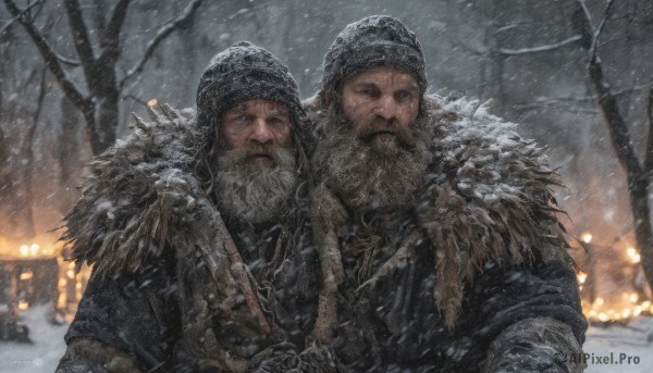 looking at viewer,blue eyes,hat,upper body,weapon,male focus,outdoors,multiple boys,2boys,tree,fur trim,facial hair,scar,fire,beard,scar on face,snow,snowing,realistic,mustache,scar across eye,winter clothes,old,winter,old man,bare tree,gloves,holding,closed mouth,grey hair,sword,holding weapon,armor,bow (weapon),manly,father and son,grey sky,chainmail