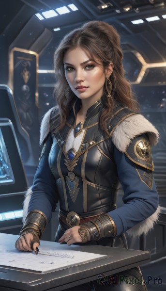 1girl,solo,long hair,breasts,looking at viewer,brown hair,long sleeves,brown eyes,jewelry,standing,cowboy shot,earrings,parted lips,belt,pants,indoors,signature,nail polish,armor,mole,lips,fur trim,makeup,black pants,ring,gem,black nails,desk,paper,realistic,nose,red lips,medium breasts,sitting,jacket,artist name,uniform,watermark,table,lipstick,writing