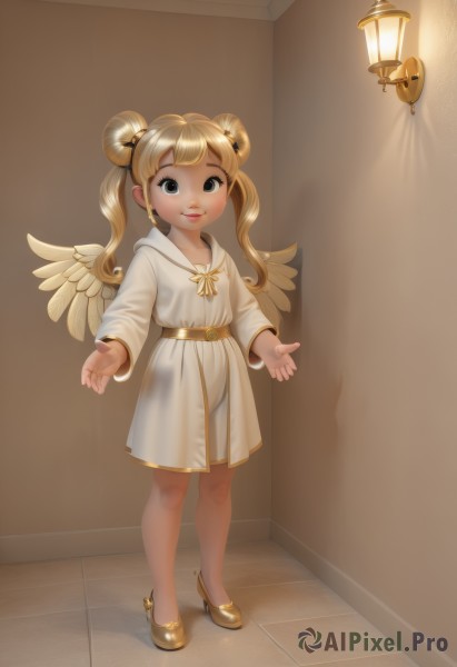 1girl,solo,long hair,looking at viewer,smile,blonde hair,long sleeves,dress,twintails,jewelry,standing,full body,earrings,wings,shoes,belt,indoors,hair bun,white dress,black eyes,bracelet,lips,loli,double bun,child,feathered wings,angel wings,lantern,angel,female child,artist name,high heels,watermark,brown footwear,robe,white wings,white robe