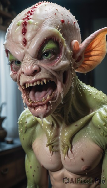 solo,looking at viewer,open mouth,1boy,nipples,green eyes,upper body,male focus,teeth,tongue,indoors,tongue out,blurry,wet,no humans,saliva,blurry background,colored skin,fangs,abs,sharp teeth,veins,monster,realistic,scales,green skin,dripping,pointy ears,artist name,makeup,muscular,pectorals,monster girl,nose,bald,alien,horror (theme)