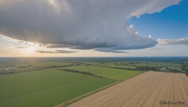 outdoors,sky,day,cloud,blue sky,no humans,sunlight,cloudy sky,grass,nature,scenery,sunset,mountain,sun,horizon,road,field,landscape,hill,water,ocean