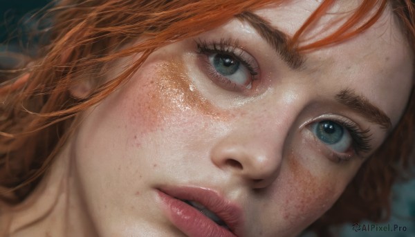 1girl,solo,long hair,looking at viewer,blue eyes,brown hair,green eyes,parted lips,teeth,orange hair,blurry,lips,eyelashes,portrait,close-up,freckles,realistic,nose,bangs,red hair,artist name,watermark,web address