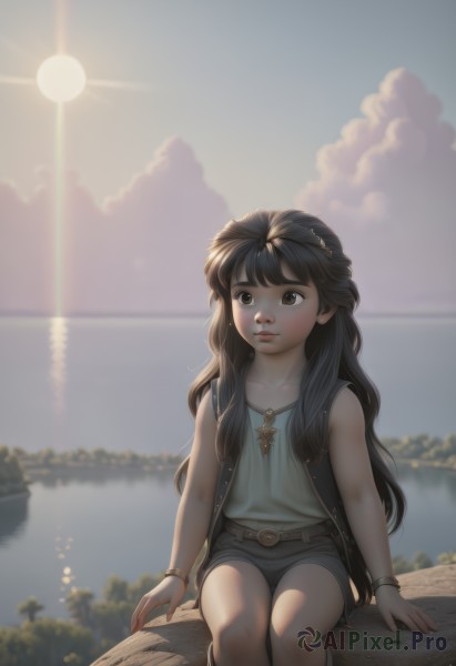 1girl,solo,long hair,bangs,brown hair,shirt,black hair,brown eyes,jewelry,sitting,closed mouth,collarbone,boots,outdoors,sky,shorts,sleeveless,day,belt,cloud,water,blurry,vest,bracelet,lips,short shorts,depth of field,ocean,sunlight,cloudy sky,denim,sunset,realistic,nose,sun,horizon,lake,blush,blurry background,watermark,scenery,web address,denim shorts,deviantart username