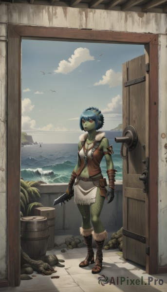 1girl,solo,breasts,short hair,skirt,red eyes,gloves,navel,holding,cleavage,jewelry,medium breasts,blue hair,standing,weapon,boots,outdoors,sky,day,midriff,belt,cloud,water,necklace,holding weapon,vest,blue sky,fur trim,colored skin,bird,ocean,scar,beach,sandals,knife,monster girl,fantasy,horizon,watercraft,green skin,barrel,cactus,tooth necklace,looking at viewer,full body,hairband,earrings,fingerless gloves,bandages,plant,scenery,armband,skull,pouch,rock,holding knife,toeless legwear,dagger,toeless footwear,goblin,ankle wrap,coconut