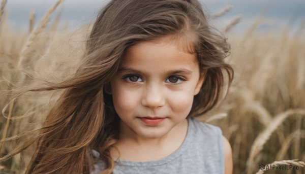 1girl,solo,long hair,looking at viewer,brown hair,brown eyes,closed mouth,upper body,outdoors,sky,sleeveless,day,blurry,lips,floating hair,depth of field,blurry background,wind,portrait,realistic,wheat