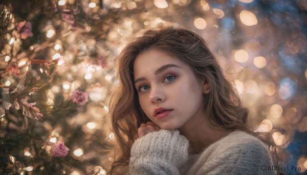 1girl, solo, long hair, looking at viewer, blue eyes, brown hair, long sleeves, upper body, flower, parted lips, teeth, blurry, sweater, lips, sleeves past wrists, thick eyebrows, freckles, realistic, nose, white sweater, bokeh