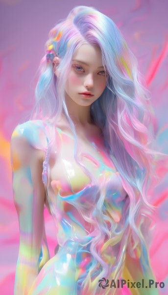 1girl,solo,long hair,breasts,looking at viewer,blush,blue eyes,medium breasts,closed mouth,blue hair,upper body,white hair,nude,multicolored hair,small breasts,lips,makeup,wavy hair,purple background,arms at sides,red lips,colorful,hair ornament,dress,bare shoulders,very long hair,pink hair,parted lips,eyelashes,watermark,pink lips,realistic