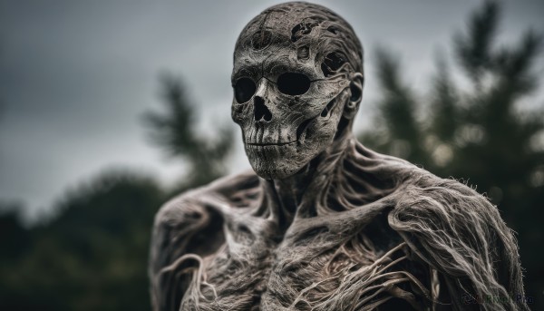 solo,1boy,monochrome,upper body,male focus,outdoors,blurry,tree,mask,depth of field,blurry background,skull,monster,skeleton,horror (theme),artist name,no humans,portrait,facing viewer,alien