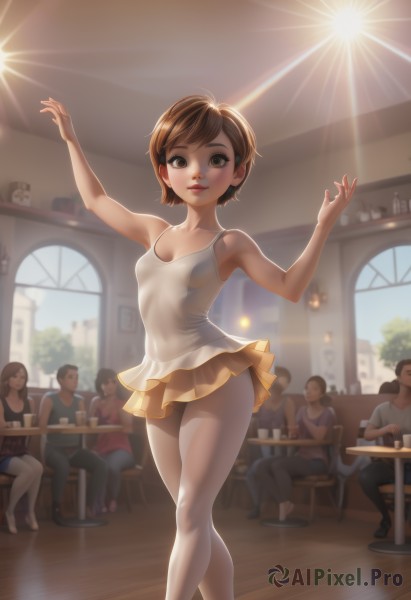 breasts,looking at viewer,smile,short hair,multiple girls,skirt,brown hair,2girls,cleavage,bare shoulders,brown eyes,sitting,standing,pantyhose,small breasts,parted lips,multiple boys,solo focus,indoors,blurry,arms up,leotard,cup,lips,window,4girls,chair,table,crossed legs,child,white pantyhose,wooden floor,dancing,cafe,people,athletic leotard,ballerina,ballet slippers,ballet,tutu,1girl,shirt,black hair,arm up,tank top,yellow skirt,crowd,bar (place),ceiling light