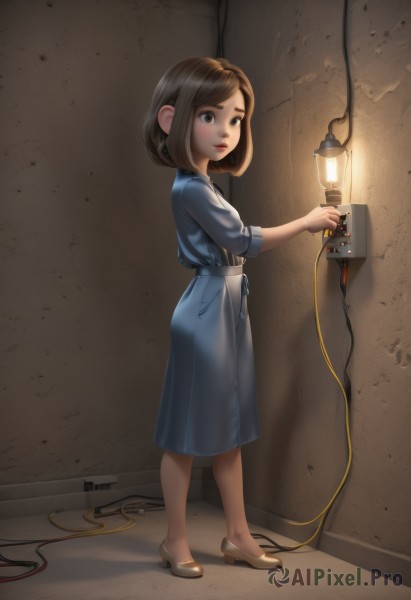 1girl,solo,looking at viewer,short hair,brown hair,dress,holding,brown eyes,standing,full body,shoes,belt,indoors,high heels,from side,lips,blue dress,child,red lips,female child,cable,cyborg,wire,bangs,jewelry,pantyhose,earrings,brown footwear,lamp