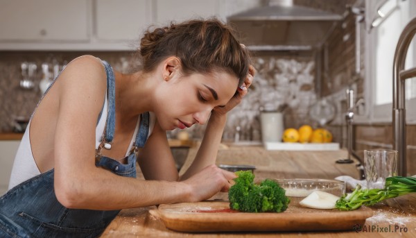 1girl,solo,short hair,brown hair,shirt,holding,bare shoulders,closed mouth,closed eyes,upper body,food,sleeveless,indoors,water,blurry,fruit,depth of field,blurry background,chair,table,tank top,hand on own face,plate,freckles,head rest,realistic,overalls,white tank top,tomato,vegetable,cucumber,lettuce,blue overalls,cutting board,jewelry,earrings,from side,cup,looking down,denim,carrot,hand on own head,kitchen,sink,onion