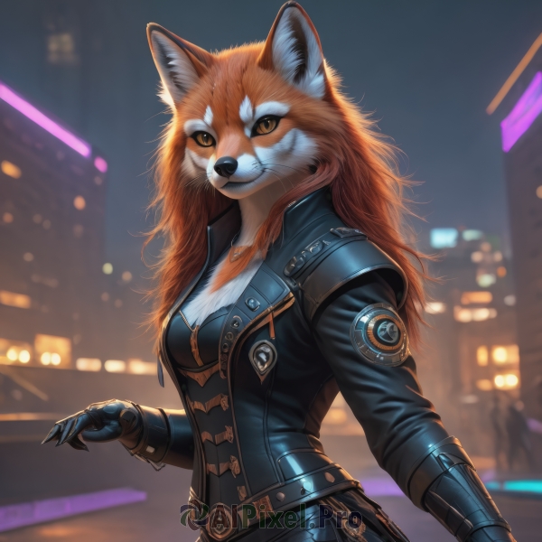 1girl,solo,long hair,breasts,looking at viewer,smile,gloves,long sleeves,animal ears,cleavage,brown eyes,jewelry,medium breasts,jacket,outdoors,open clothes,belt,pants,artist name,necklace,orange hair,blurry,open jacket,black jacket,orange eyes,fox ears,night,depth of field,blurry background,animal,slit pupils,building,night sky,claws,furry,colored sclera,city,furry female,leather,animal nose,fox,snout,leather jacket,two-tone fur,city lights,orange fur,closed mouth,tail,upper body,cityscape,whiskers