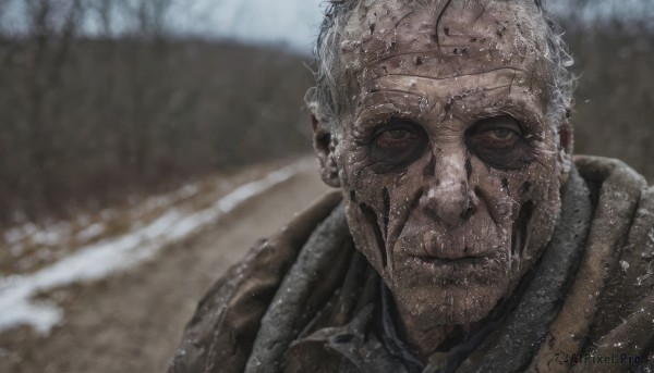 solo,looking at viewer,1boy,green eyes,jacket,upper body,white hair,male focus,outdoors,blurry,wet,blurry background,facial hair,science fiction,brown jacket,realistic,old,old man,short hair,closed mouth,grey hair,scar,portrait,beard,snow,close-up,snowing,wrinkled skin