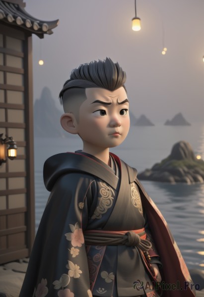 solo,short hair,black hair,1boy,closed mouth,standing,male focus,outdoors,japanese clothes,sky,hood,kimono,water,blurry,black eyes,hand on hip,sash,night,floral print,aged down,child,lantern,male child,architecture,east asian architecture,hair slicked back,brown eyes,upper body,artist name,cape,blurry background,hood down,robe,very short hair,mohawk