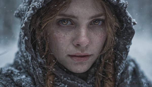 1girl,solo,long hair,looking at viewer,blonde hair,brown hair,brown eyes,closed mouth,braid,artist name,hood,mole,blurry,twin braids,lips,depth of field,blurry background,portrait,mole under mouth,snow,close-up,hood up,freckles,snowing,realistic,nose,bangs,yellow eyes,outdoors,parted lips,fur trim,eyelashes,winter