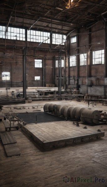 weapon,day,indoors,gun,military,no humans,window,chair,table,sunlight,ground vehicle,scenery,motor vehicle,military vehicle,ruins,tank,vehicle focus,machine gun,ladder,wooden floor,realistic,cannon,ceiling,ceiling light