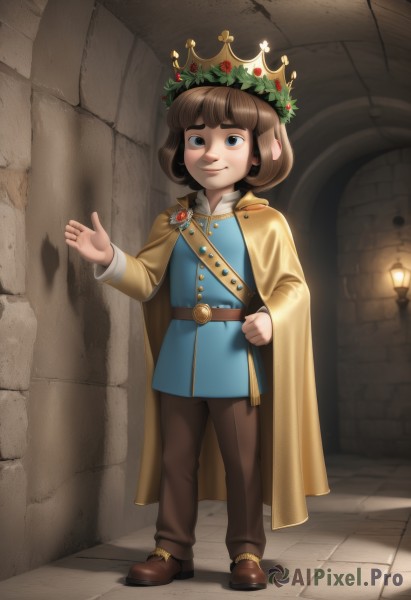 solo,looking at viewer,smile,short hair,bangs,blue eyes,brown hair,shirt,long sleeves,1boy,closed mouth,standing,full body,male focus,shoes,belt,pants,indoors,hand up,cape,hand on hip,shadow,brown footwear,crown,blue shirt,child,brown belt,male child,wall,brown pants,stone floor,yellow cape,jacket,black pants,clenched hand,yellow jacket,pillar,tunic,laurel crown,brown cape,stone wall