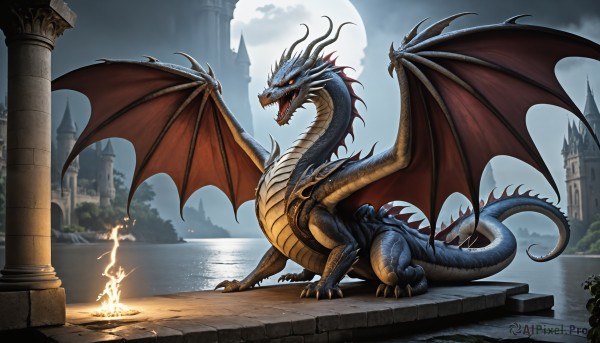 HQ,open mouth,standing,tail,yellow eyes,outdoors,wings,horns,sky,teeth,cloud,water,no humans,night,glowing,fangs,moon,fire,sharp teeth,scenery,claws,full moon,monster,fantasy,dragon,scales,castle,breathing fire,red eyes,cloudy sky,glowing eyes,dragon wings