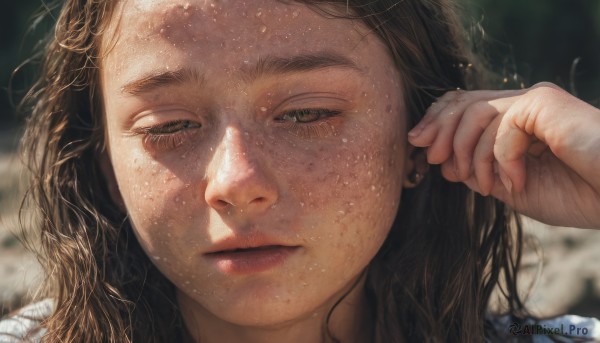 1girl,solo,long hair,looking at viewer,brown hair,black hair,brown eyes,jewelry,closed mouth,earrings,hand up,blurry,lips,wet,eyelashes,depth of field,blurry background,half-closed eyes,portrait,close-up,forehead,freckles,realistic,nose,sunlight