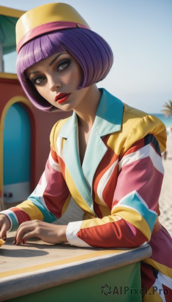 1girl,solo,looking at viewer,short hair,bangs,long sleeves,hat,brown eyes,jacket,upper body,purple hair,outdoors,parted lips,day,collared shirt,artist name,dark skin,blunt bangs,nail polish,blurry,dark-skinned female,lips,eyelashes,makeup,blurry background,table,bob cut,lipstick,red nails,multicolored clothes,eyeshadow,nose,red lips,multicolored jacket,yellow headwear,multicolored headwear,sitting,yellow eyes,fingernails,realistic