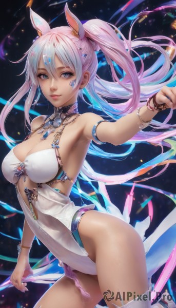 1girl,solo,long hair,breasts,looking at viewer,smile,bangs,blue eyes,large breasts,hair ornament,thighhighs,animal ears,cleavage,hair between eyes,bare shoulders,twintails,jewelry,medium breasts,closed mouth,blue hair,ponytail,pink hair,thighs,multicolored hair,cowboy shot,earrings,shiny,armpits,necklace,bracelet,covered nipples,white thighhighs,leotard,lips,shiny skin,covered navel,detached collar,highleg,facial mark,outstretched arm,single thighhigh,gem,armlet,highleg leotard,realistic,nose,white leotard,navel,standing,swimsuit,white hair,two-tone hair,fingernails,see-through,one-piece swimsuit,grey eyes,skin tight