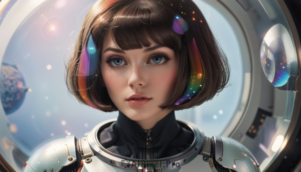 1girl,solo,looking at viewer,short hair,open mouth,bangs,blue eyes,brown hair,hair ornament,upper body,parted lips,teeth,artist name,blunt bangs,blurry,lips,eyelashes,bodysuit,makeup,watermark,bob cut,portrait,lens flare,zipper,freckles,reflection,science fiction,realistic,nose,space,planet,spacesuit,space helmet,astronaut,armor,headphones,thick eyebrows,shoulder armor,light particles,eyeshadow,pink lips,pilot suit,zipper pull tab