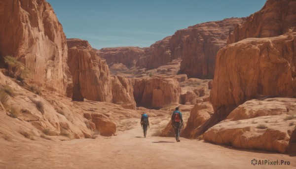 1boy,standing,weapon,outdoors,multiple boys,sky,day,2boys,bag,from behind,blue sky,backpack,helmet,scenery,1other,walking,science fiction,rock,mountain,sand,multiple others,ambiguous gender,spacesuit,desert,blue hair,male focus,pants,hood,wide shot,cliff