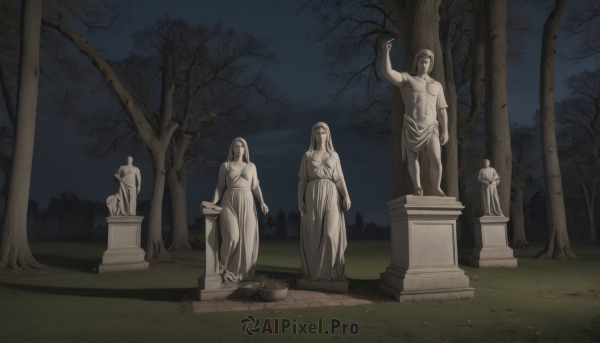 1girl,long hair,multiple girls,1boy,dress,standing,outdoors,sky,arm up,tree,night,bare tree,statue,tombstone,fine art parody,graveyard,stone lantern,no humans,grass,nature,scenery,forest