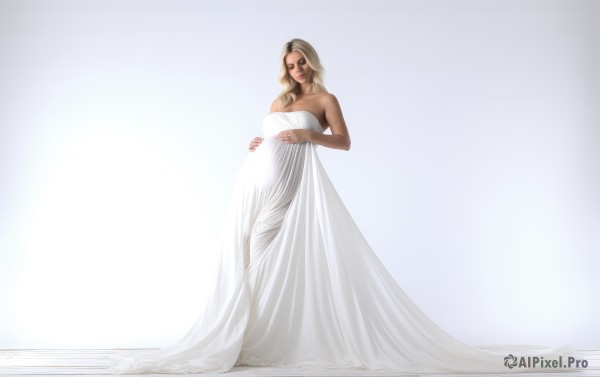 1girl,solo,long hair,breasts,looking at viewer,blonde hair,simple background,brown hair,dress,bare shoulders,jewelry,standing,full body,white dress,lips,strapless,strapless dress,wedding dress,realistic,long dress,pregnant,large breasts,white background,makeup,lipstick,bridal veil,bride