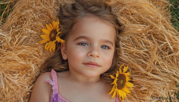 1girl,solo,long hair,looking at viewer,blue eyes,brown hair,hair ornament,closed mouth,upper body,flower,outdoors,lying,sleeveless,hair flower,on back,lips,child,portrait,forehead,realistic,sunflower,female child,field,bare shoulders,grass