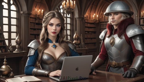 1girl,long hair,breasts,looking at viewer,blue eyes,multiple girls,blonde hair,large breasts,brown hair,gloves,1boy,2girls,cleavage,jewelry,medium breasts,sitting,closed mouth,braid,white hair,black gloves,belt,artist name,indoors,necklace,armor,lips,grey eyes,book,fur trim,window,makeup,wavy hair,table,helmet,lipstick,shoulder armor,gauntlets,gem,pendant,pauldrons,breastplate,paper,realistic,vambraces,red lips,brown belt,candle,computer,laptop,map,gorget,brown eyes,red hair,earrings,fingerless gloves,mole,brown gloves,nose,bookshelf,knight,chainmail,boobplate