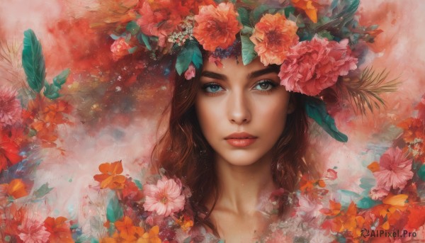 1girl,solo,long hair,looking at viewer,blue eyes,brown hair,hair ornament,closed mouth,collarbone,flower,hair flower,lips,eyelashes,makeup,leaf,lipstick,portrait,realistic,nose,red lips,feathers