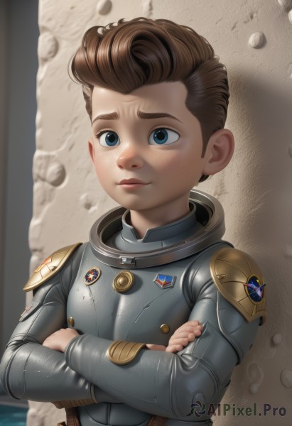 solo,short hair,blue eyes,brown hair,1boy,closed mouth,upper body,male focus,armor,uniform,lips,military,crossed arms,shoulder armor,child,freckles,pauldrons,breastplate,realistic,male child,badge,medal,chainmail,plate armor,military uniform,aged down,science fiction,emblem,animification,shoulder pads,insignia,patch