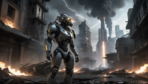 HQ,solo,1boy,standing,weapon,outdoors,sky,cloud,armor,military,no humans,glowing,helmet,cloudy sky,fire,robot,ground vehicle,building,mecha,motor vehicle,smoke,science fiction,city,realistic,military vehicle,electricity,car,ruins,damaged,lightning,power armor,burning,destruction,sparks,male focus,signature,orange eyes,glowing eyes,1other,rain,cityscape,humanoid robot