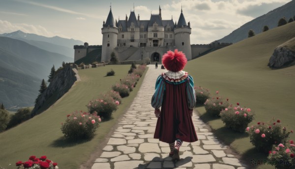 1girl,solo,short hair,long sleeves,1boy,hat,standing,flower,red hair,outdoors,sky,day,puffy sleeves,cloud,from behind,black footwear,tree,shadow,rose,cloudy sky,grass,red flower,building,nature,scenery,puffy long sleeves,walking,mountain,facing away,road,bush,house,wide shot,castle,landscape,path,male focus,socks,striped,cape,vertical stripes,1other,rock,striped pants,puff and slash sleeves