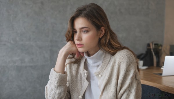 1girl,solo,long hair,looking at viewer,blue eyes,brown hair,shirt,long sleeves,sitting,jacket,white shirt,upper body,parted lips,open clothes,indoors,blurry,sweater,open jacket,cup,lips,blurry background,turtleneck,chair,phone,table,cardigan,hand on own face,head rest,realistic,nose,white sweater,computer,laptop,brown eyes,jewelry,earrings,cellphone,turtleneck sweater